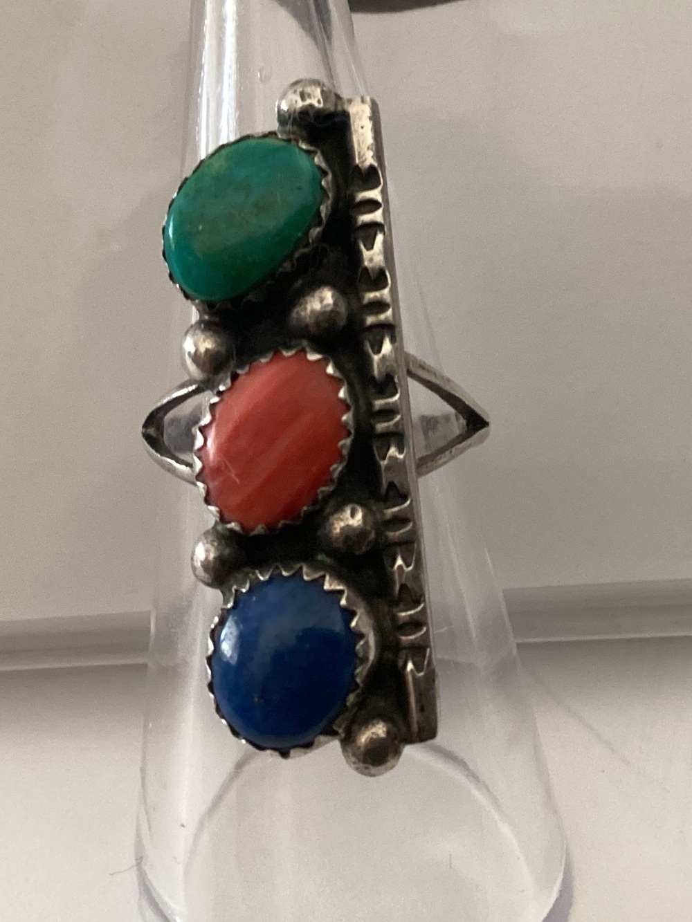 Navajo  Sterling , Green Turquoise, Red Coral, Lapis Lazuli